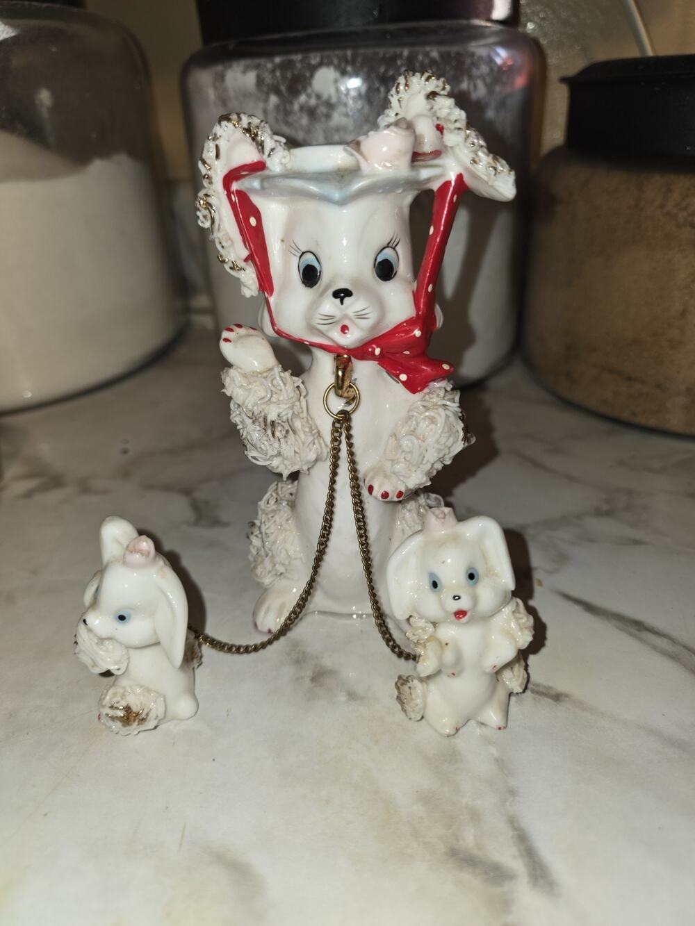 Vintage 1950s Spaghetti Bunny Rabbit Twin Babies Hat Red Bow Figurine Porcelain